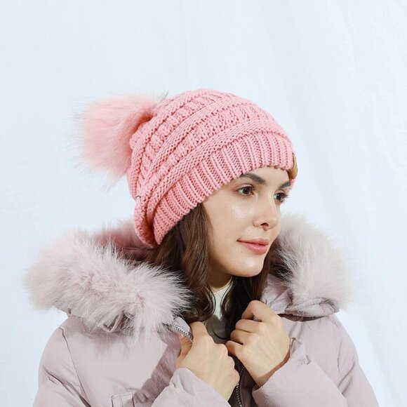 〽️Women Rose Pink Winter Pom Pom Beanie Hat with Warm Fleece Lined XL main image 4